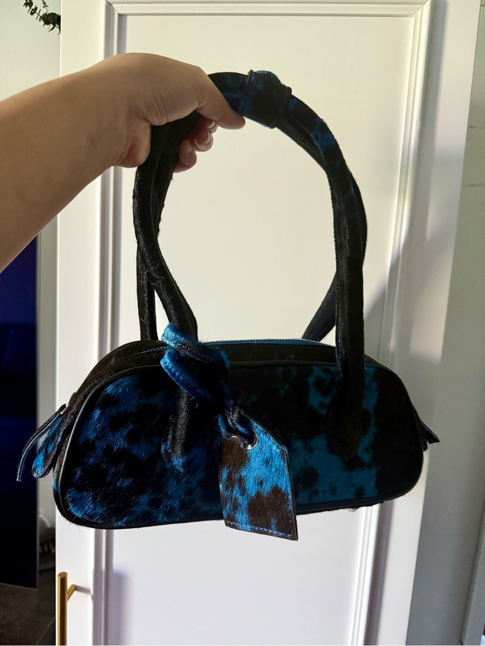 Blue and Black Cowhide Mini Top-Handle Bag